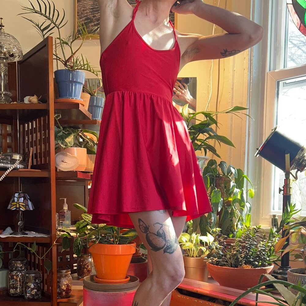SOLD - shiny bright red dress, halter tie top skater skirt,...